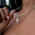 GLD Women Micro Simple Ankh Cross Pendant + 2MM Rope Necklace Bundle in White Gold