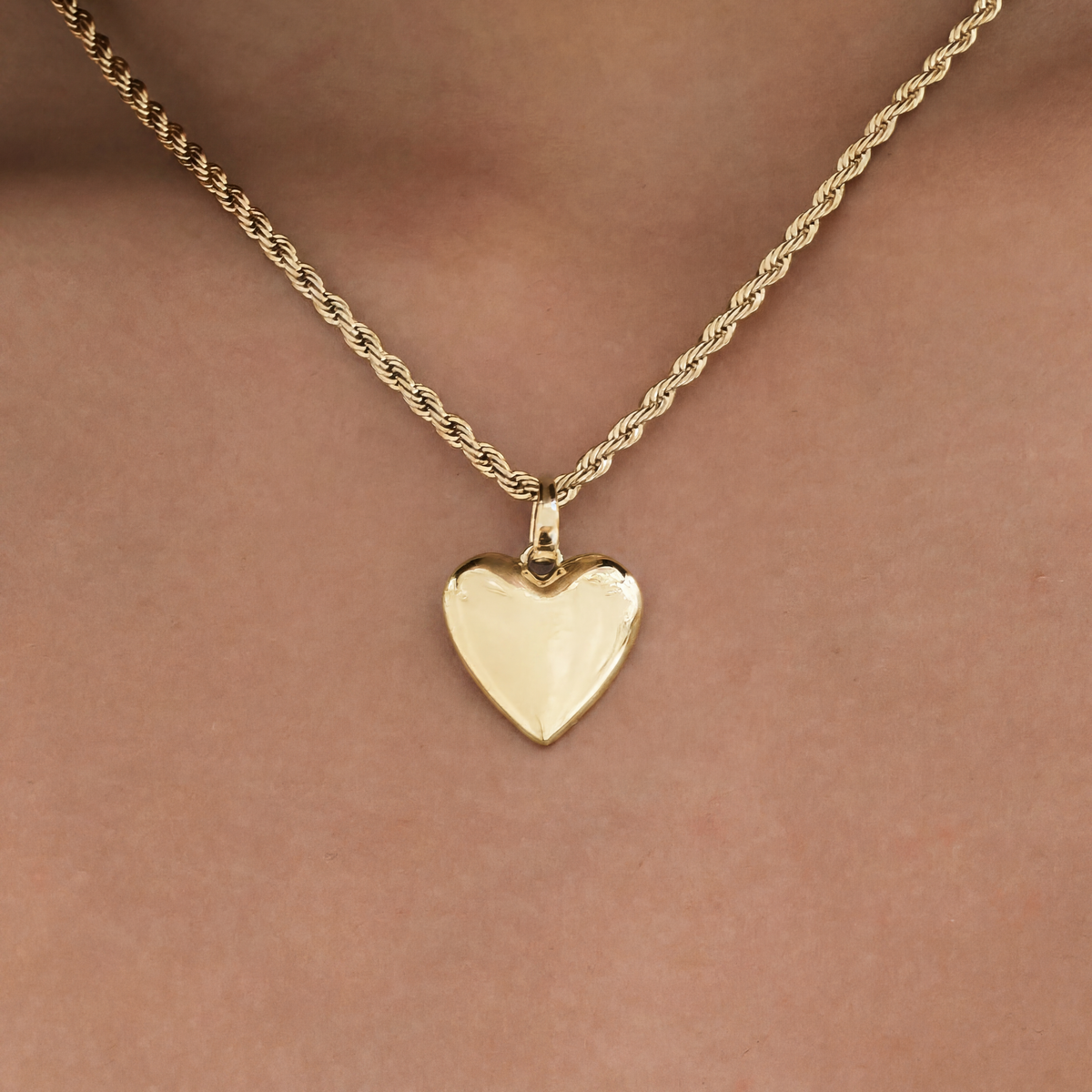 GLD Women Micro Simple Heart Pendant + 2MM Rope Necklace Bundle in Yellow Gold