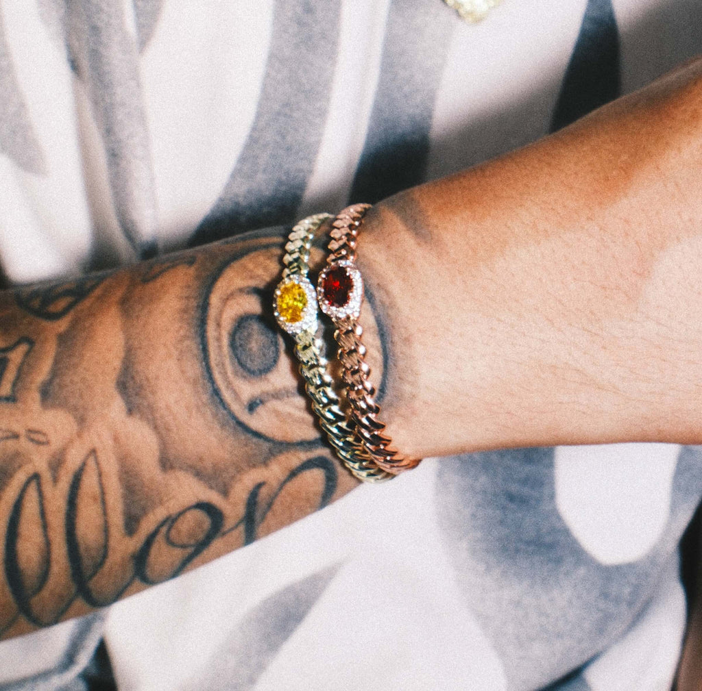 GLD Men Iced Burgundy Oval Cuff Bracelet in Rose Gold - 3mm