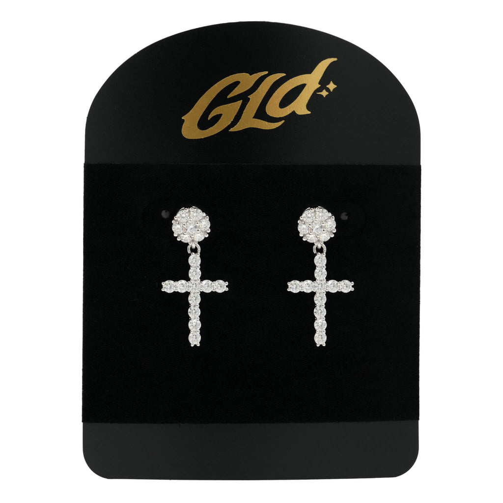 GLD Men Men's Moissanite Diamond Studded Cross Earring in White Gold Vermeil