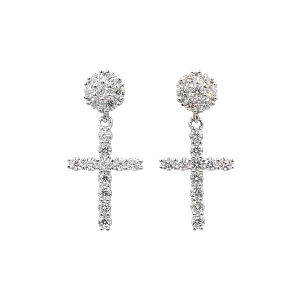 GLD Men Men's Moissanite Diamond Studded Cross Earring in White Gold Vermeil