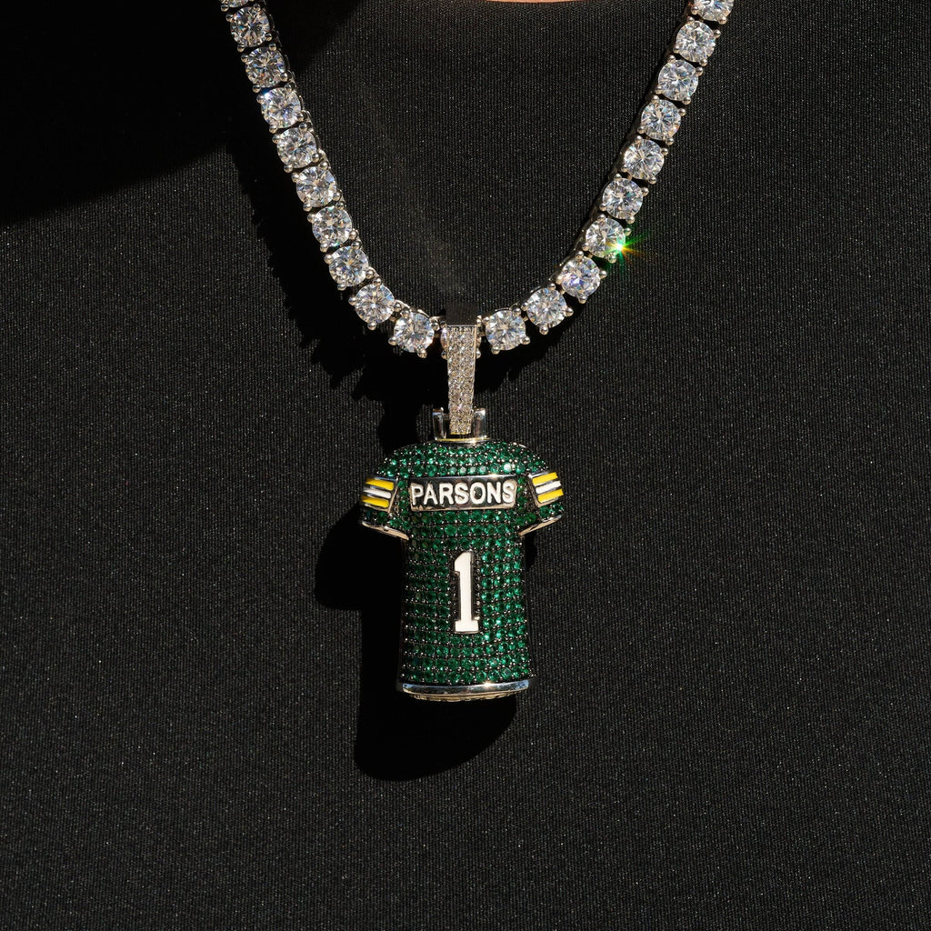 GLD Men Green Bay Packers Official NFLPA Micah Parsons Green Jersey #1 Pendant in White Gold