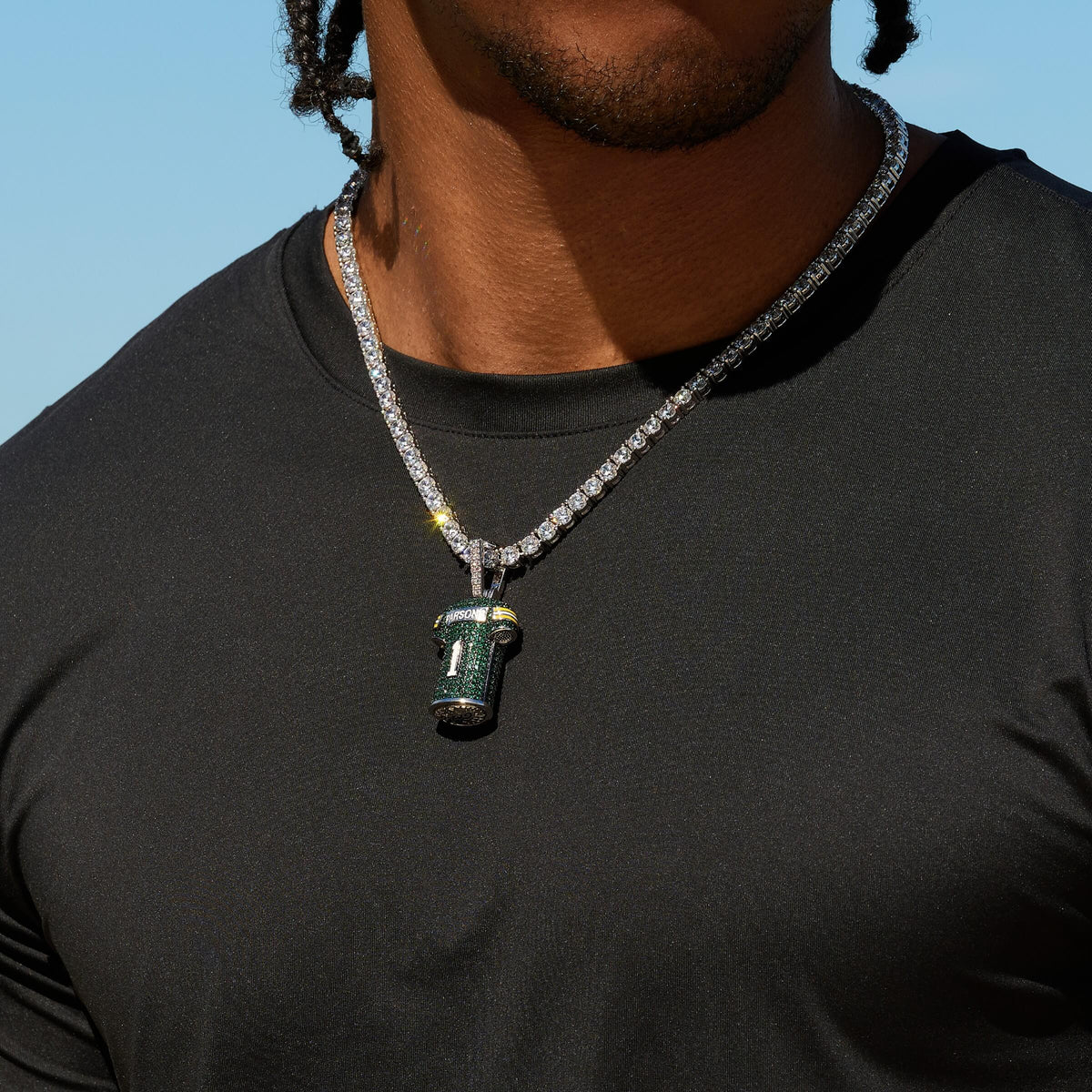 GLD Men Green Bay Packers Official NFLPA Micah Parsons Green Jersey #1 Pendant in White Gold