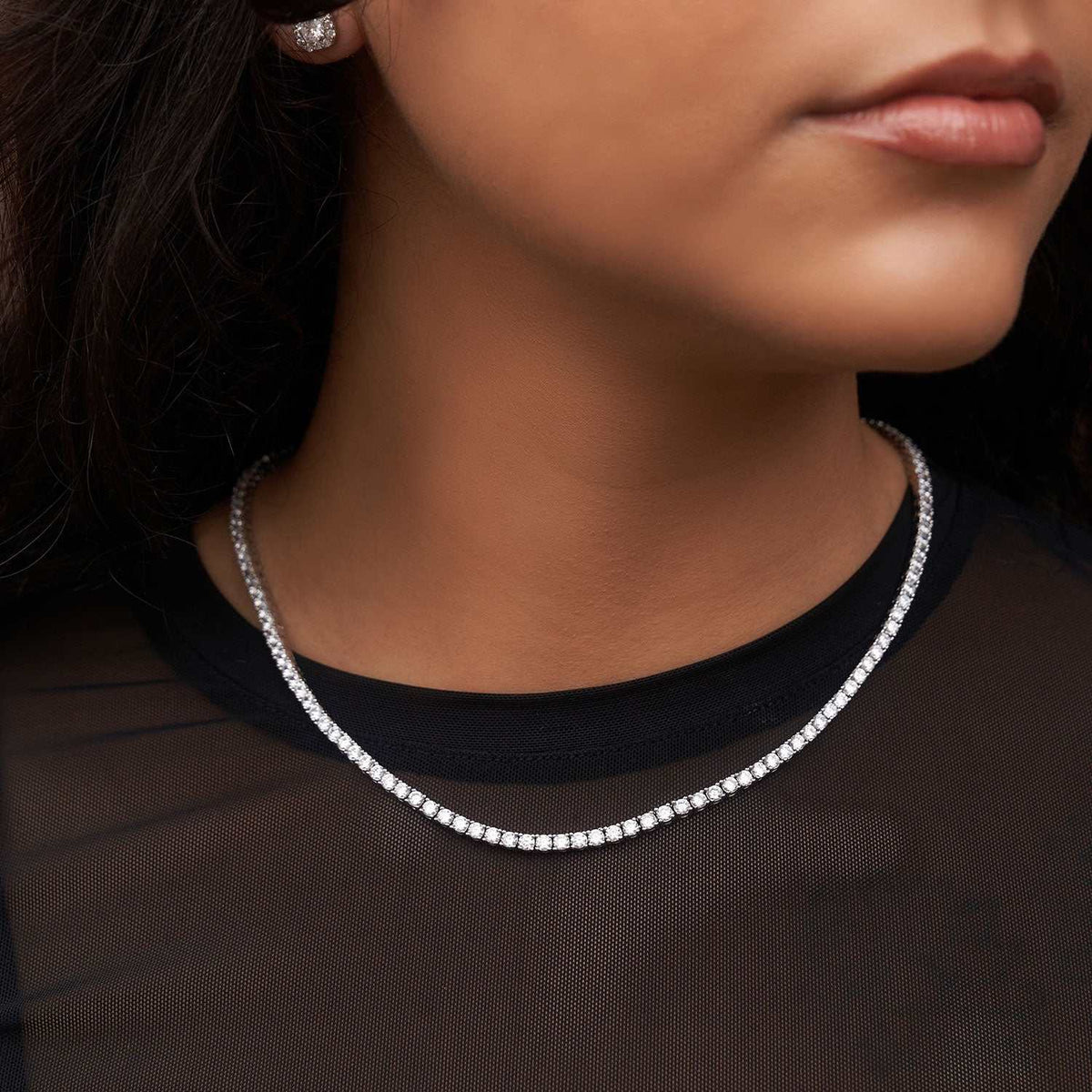 GLD Women Diamond Tennis Necklace + Anklet Bundle in White Gold- 3mm