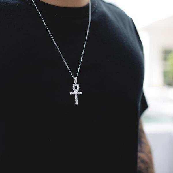 GLD Men Iced Ankh Cross Pendant in White Gold