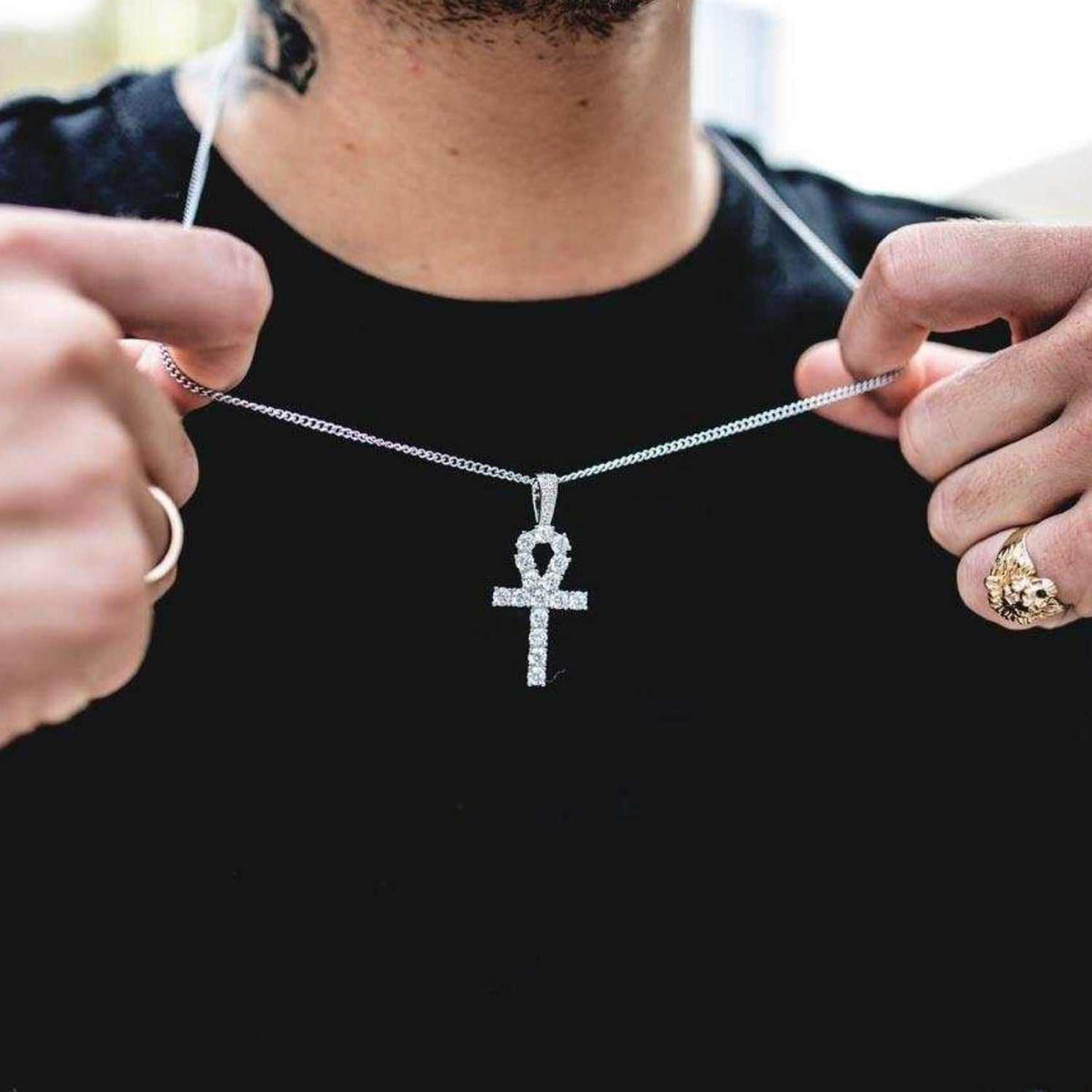 GLD Men Iced Ankh Cross Pendant in White Gold