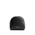 Pebbled--black | Curved top leather pouch with zipper opening, flat base, and three metal tree emblems in front